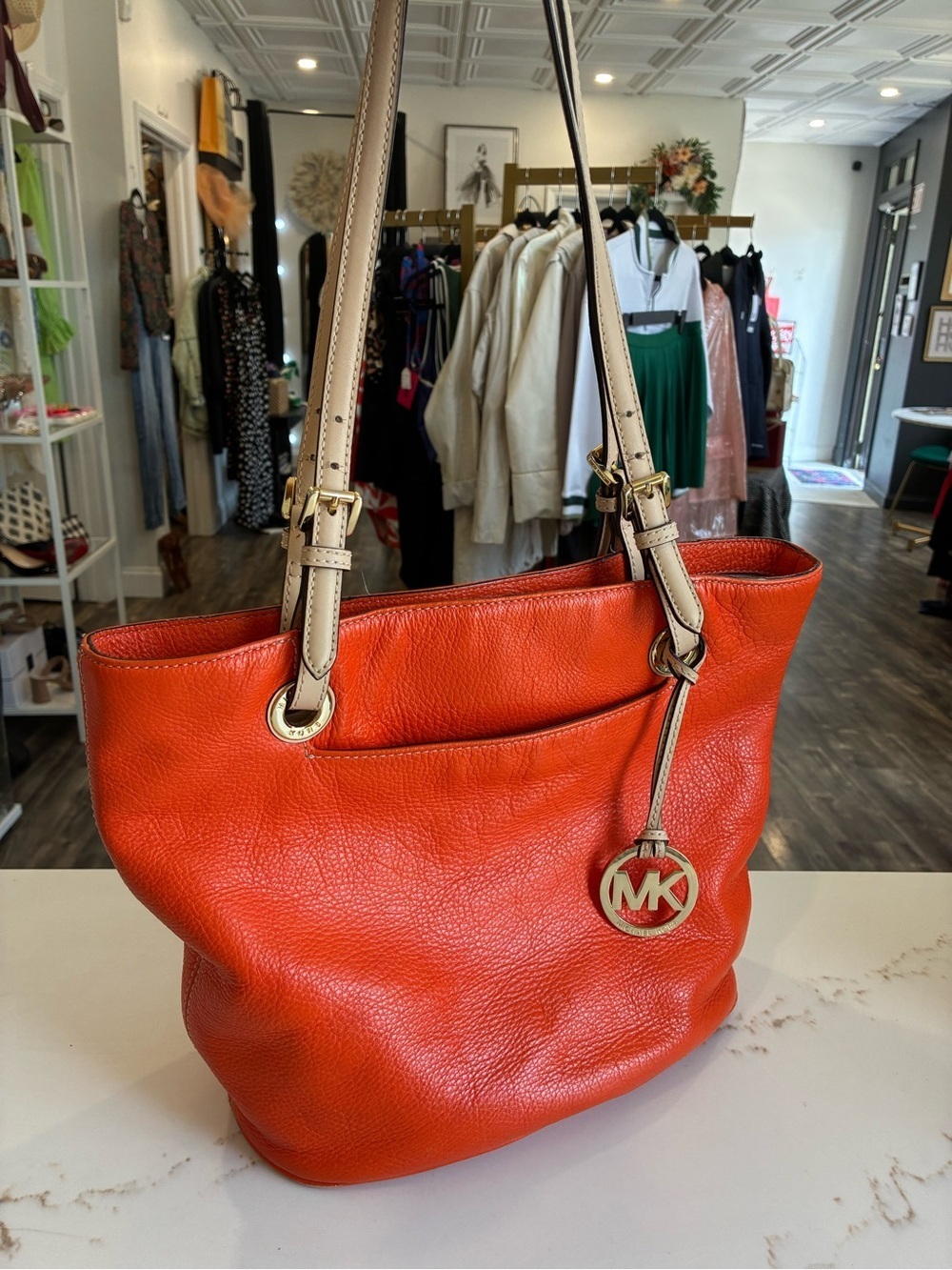 Michael Kors Orange Leather Tote Bag with Cream Straps